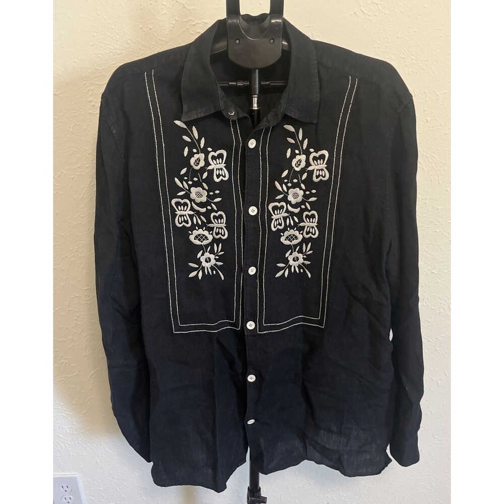 LUCKY BRAND Men's Dungarees Linen L/S Shirt Button Front Embroidered Black XL - Picture 2 of 10